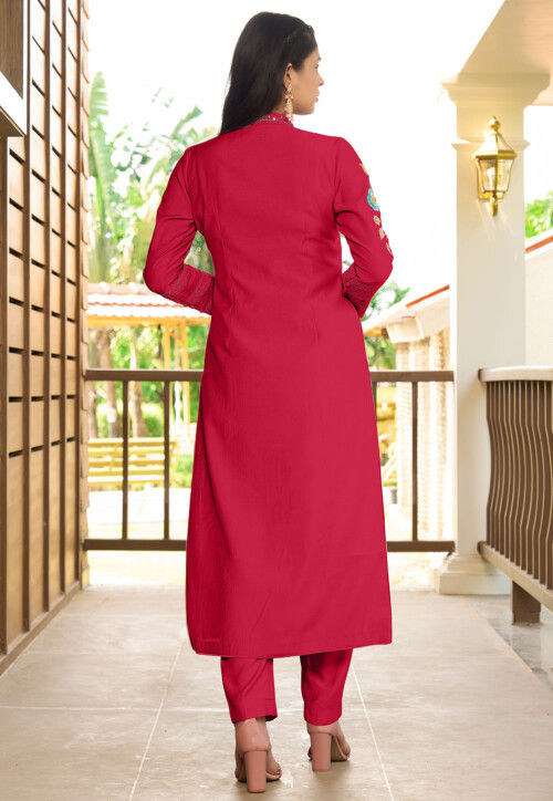 Embroidered Art Silk Straight Kurta in Pink