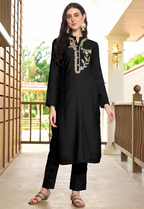 Embroidered Art Silk Straight Kurta Set in Black