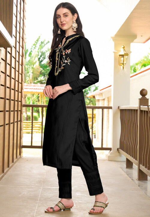Embroidered Art Silk Straight Kurta Set in Black