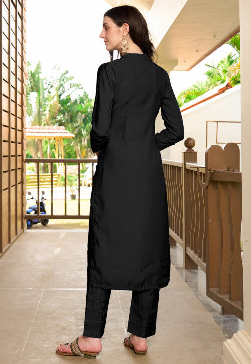 Embroidered Art Silk Straight Kurta Set in Black