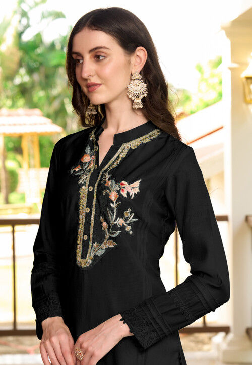 Embroidered Art Silk Straight Kurta Set in Black