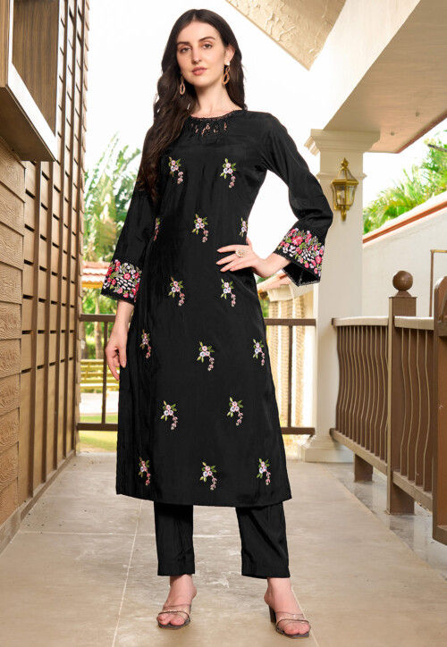 Embroidered Art Silk Straight Kurta Set in Black