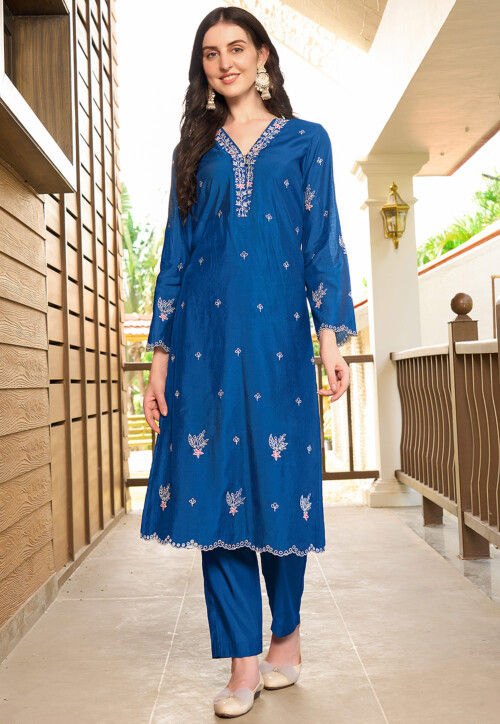 Embroidered Art Silk Straight Kurta Set in Blue