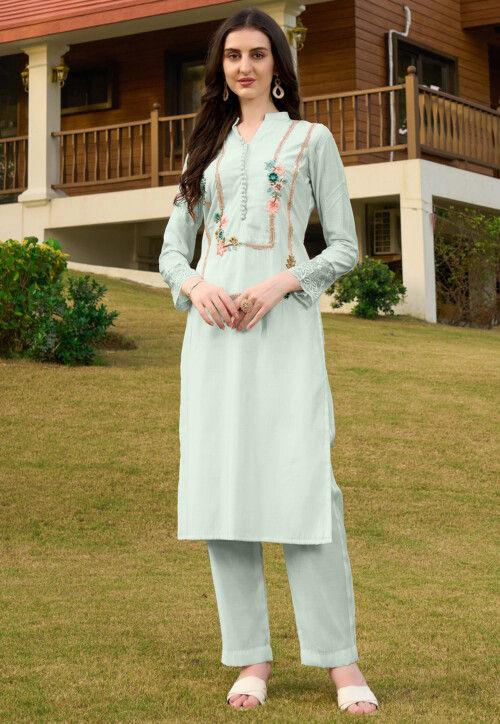 Embroidered Art Silk Straight Kurta Set in Light Green