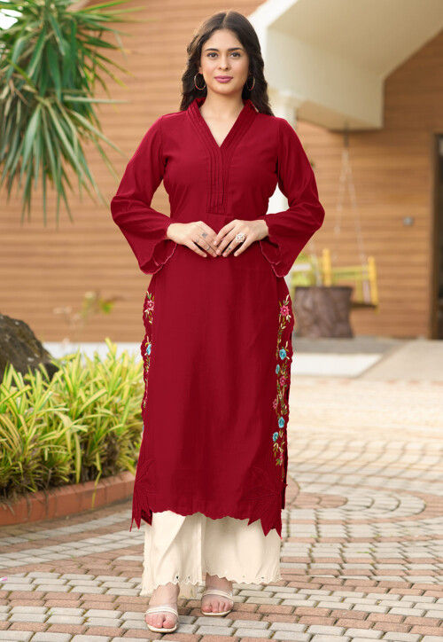 Embroidered Art Silk Straight Kurta Set in Maroon