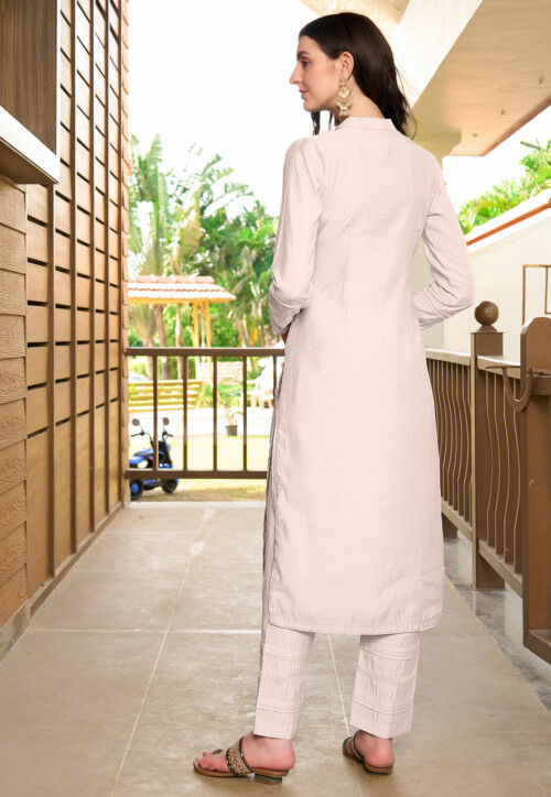 Embroidered Art Silk Straight Kurta Set in Off White