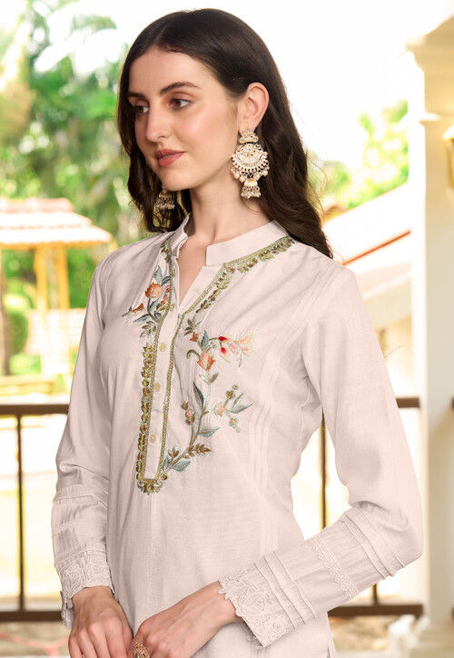 Embroidered Art Silk Straight Kurta Set in Off White