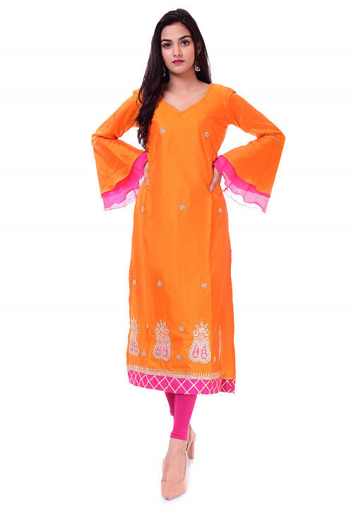 Embroidered Art Silk Straight Kurta Set in Orange