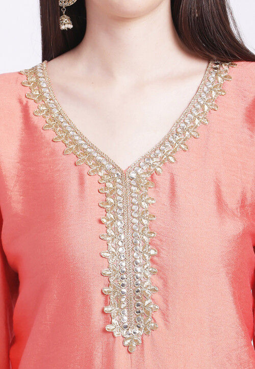 Buy Embroidered Art Silk Straight Kurta Set in Peach Online TBY440