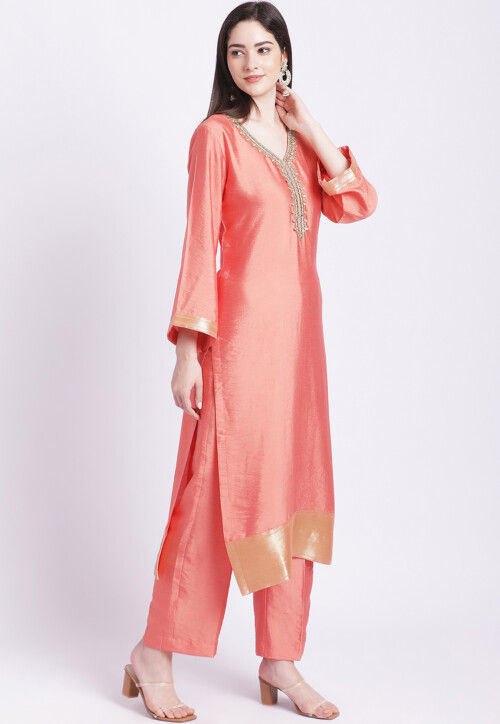 Buy Embroidered Art Silk Straight Kurta Set in Peach Online TBY440