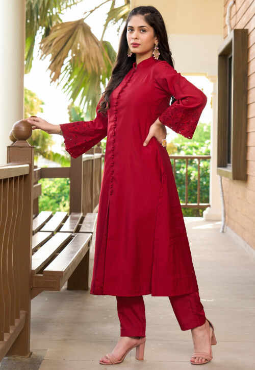 Embroidered Art Silk Straight Kurta Set in Pink