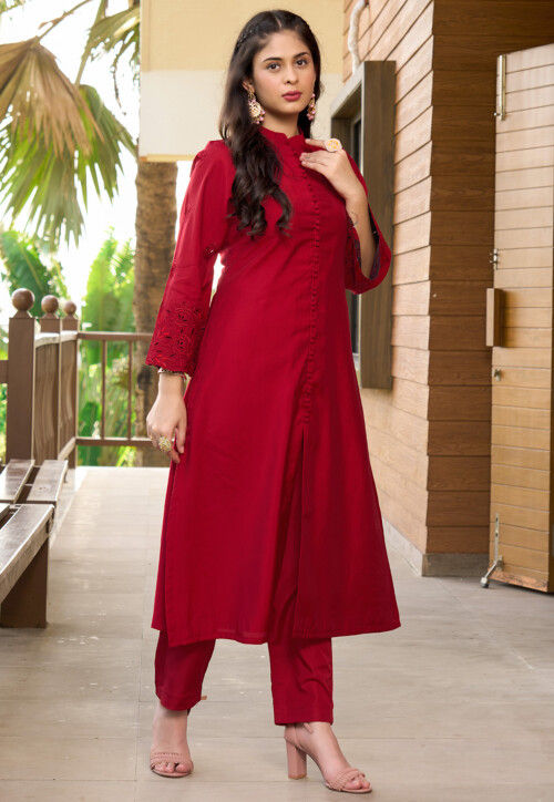 Embroidered Art Silk Straight Kurta Set in Pink