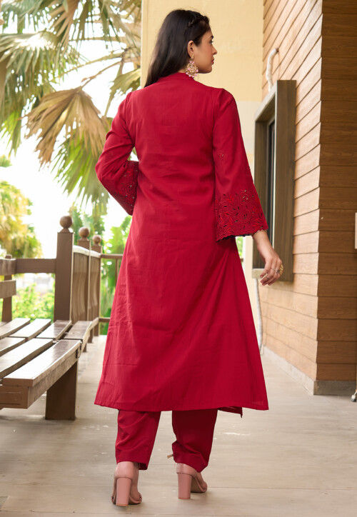 Embroidered Art Silk Straight Kurta Set in Pink