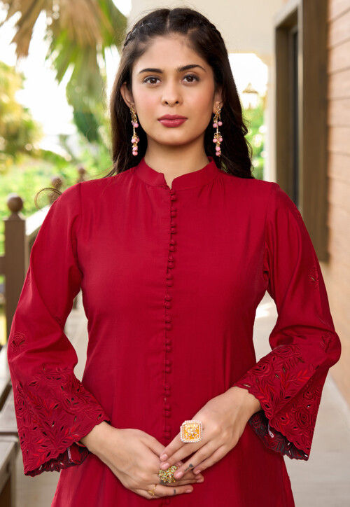 Embroidered Art Silk Straight Kurta Set in Pink