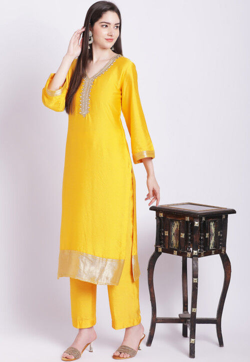 Embroidered Art Silk Straight Kurta Set in Yellow