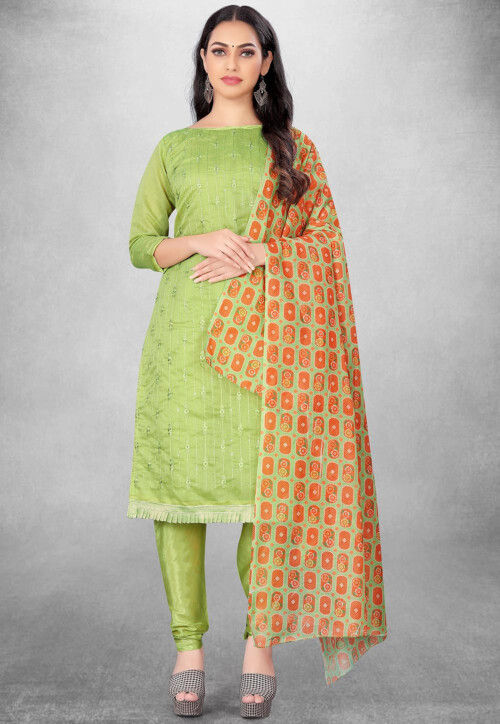 Embroidered Art Silk Straight Suit in Green