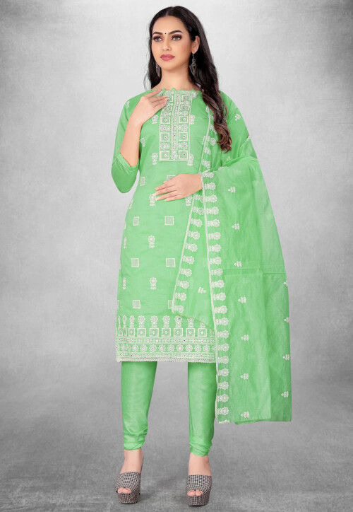 Embroidered Art Silk Straight Suit in Green