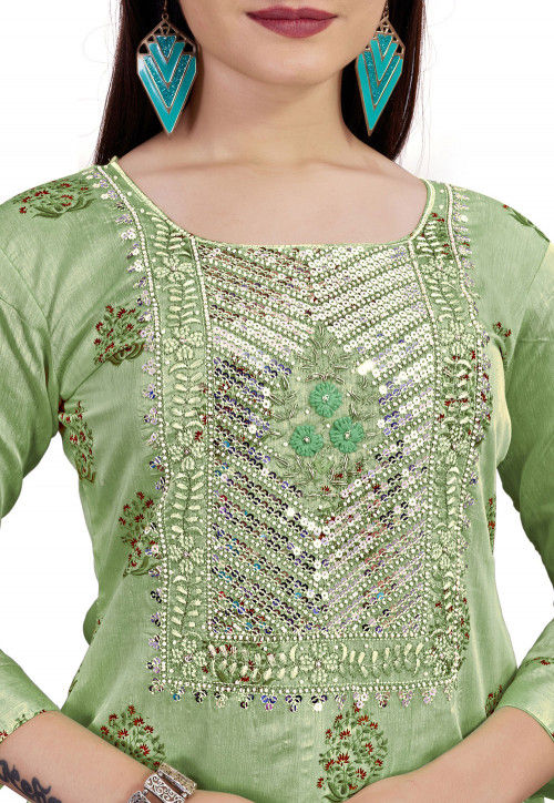 Embroidered Art Silk Straight Suit in Light Green : KYE1887