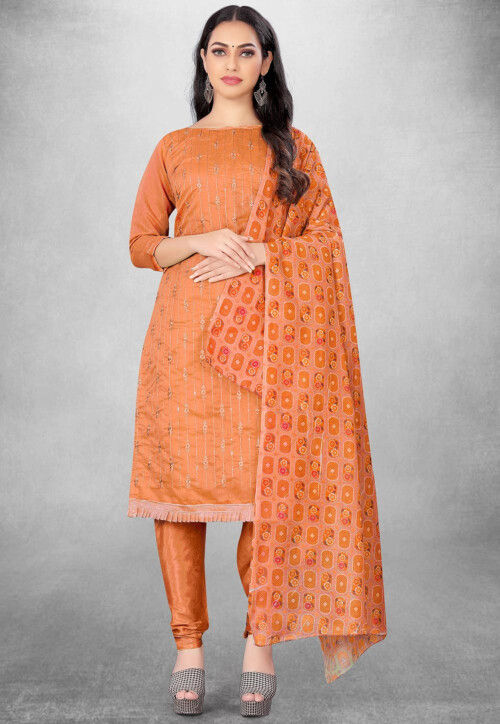 Embroidered Art Silk Straight Suit in Orange