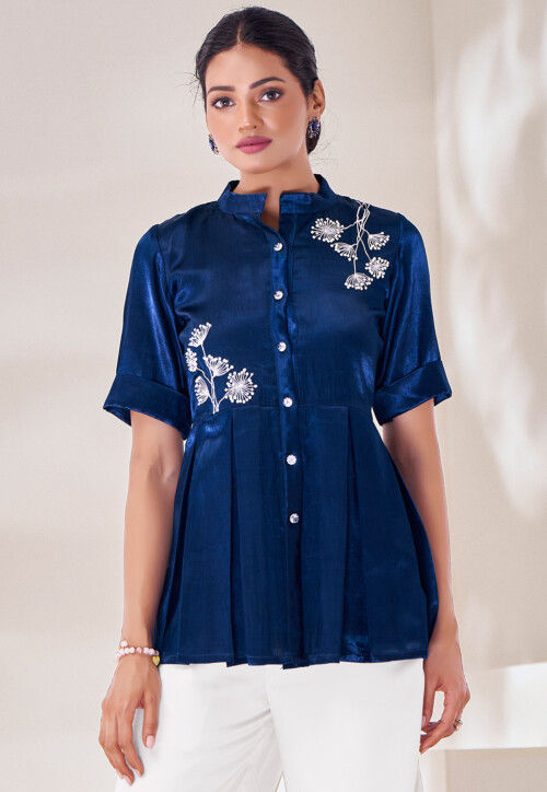 Embroidered Art Silk Top in Navy Blue