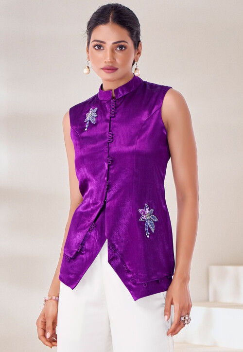 Embroidered Art Silk Top in Purple