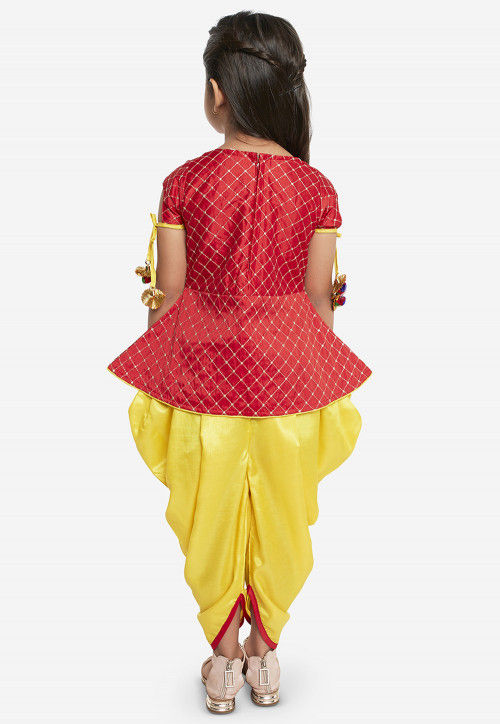 Embroidered Art Silk Top N Dhoti Pant in Red and Yellow