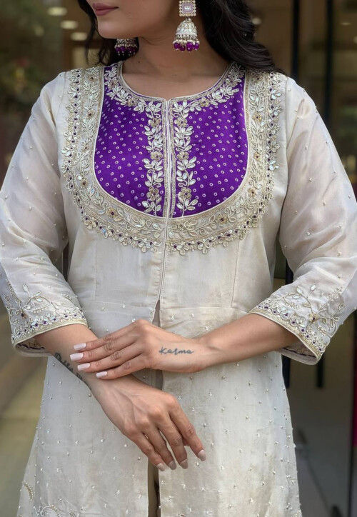 Embroidered Art Silk Tunic Set in Light Beige