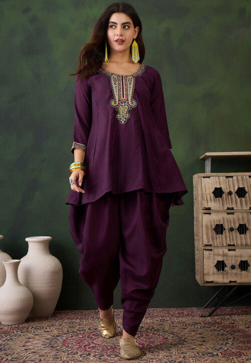 Embroidered Art Silk Tunic Set in Violet