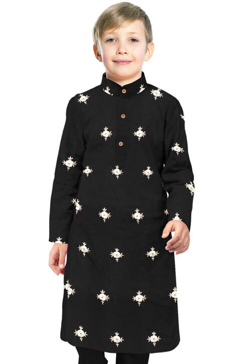 Embroidered Art Taffeta Silk Kurta in Black