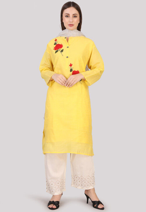 Embroidered Art Tussar Silk Pakistani Suit in Yellow