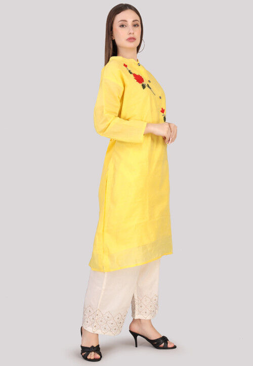 Embroidered Art Tussar Silk Pakistani Suit in Yellow