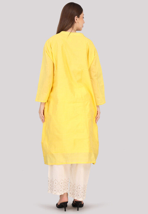 Embroidered Art Tussar Silk Pakistani Suit in Yellow