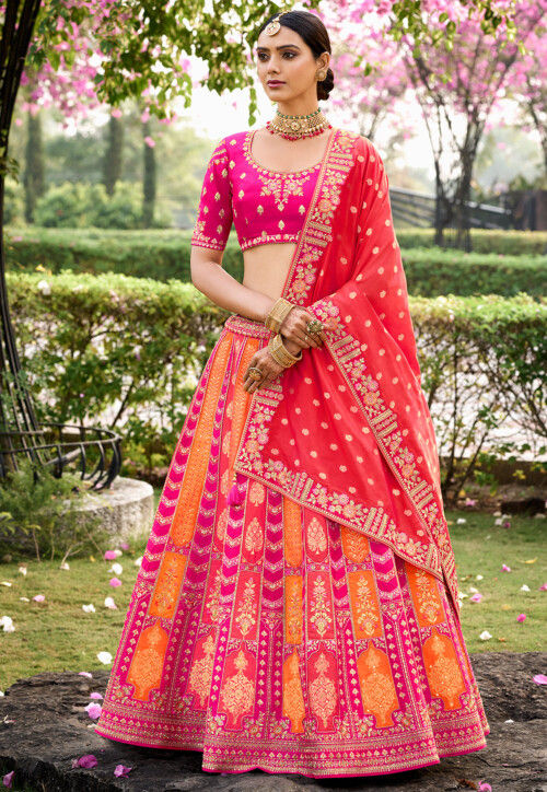 Embroidered Banarasi Silk Lehenga in Pink and Orange