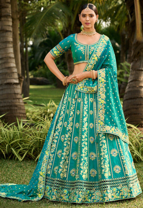 Embroidered Banarasi Silk Lehenga in Teal Green