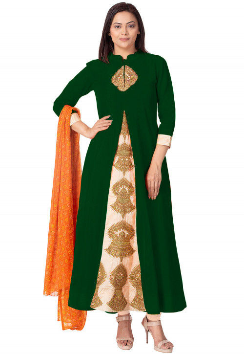 Bhagalpuri Silk Cotton Suit Set With Shibori Dye Design-Orange & Pink