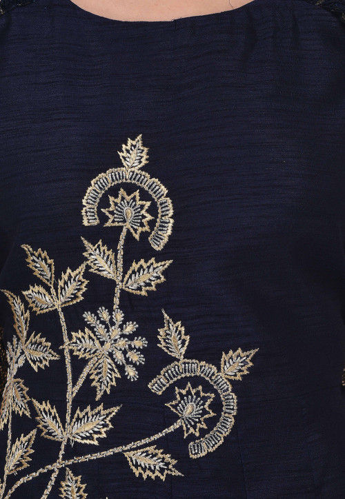 Embroidered Bhagalpuri Silk Anarkali Suit in Navy Blue : KUZ302