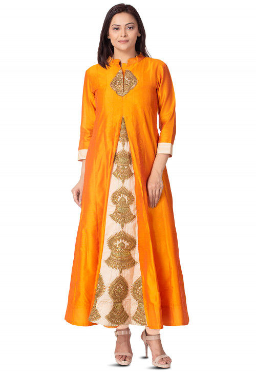 Embroidered Bhagalpuri Silk Long Kurta in Orange and Beige