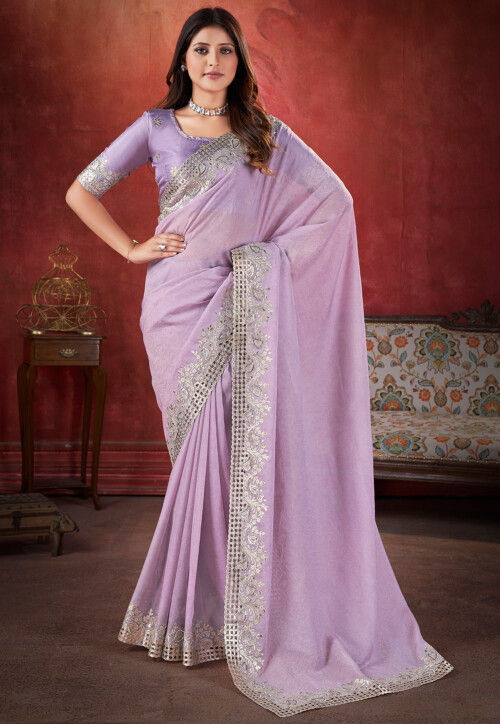 Buy Embroidered Border Art Silk Saree in Light Purple Online
