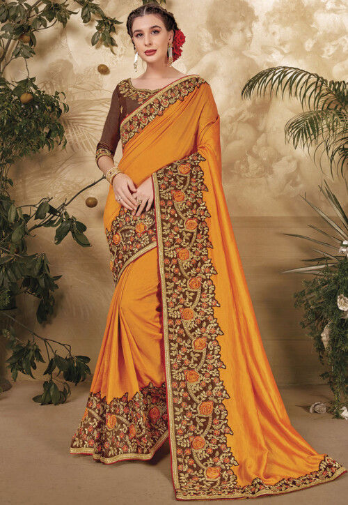 Embroidered Border Art Silk Saree in Mustard