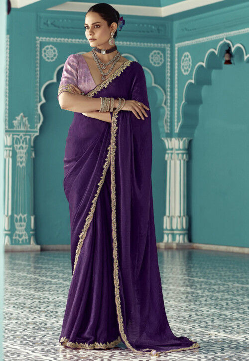 Embroidered Border Art Silk Saree in Purple