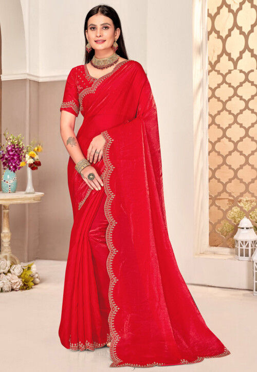 Embroidered Border Art Silk Saree in Red