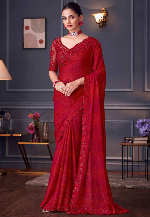 Embroidered Border Art Silk Saree in Red