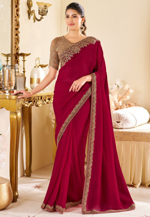 Embroidered Border Art Silk Saree in Red