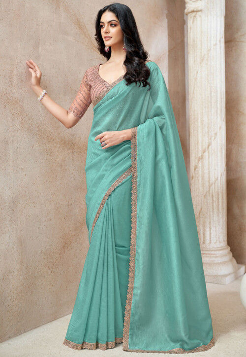 Embroidered Border Art Silk Saree in Sea Green