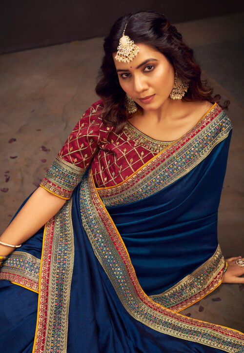 Embroidered Border Art Silk Saree in Teal Blue