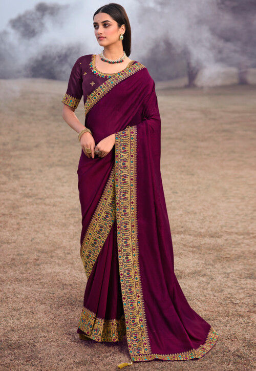 Buy Embroidered Border Art Silk Saree in Wine Online SUF10555 Utsav Fashion