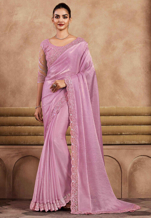 Embroidered Border Art Silk Scalloped Saree in Pink