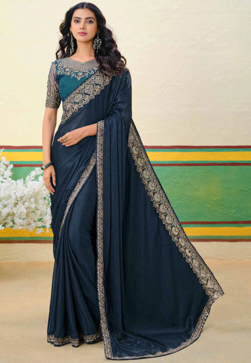 Embroidered Border Art Silk Shimmer Saree in Teal Blue
