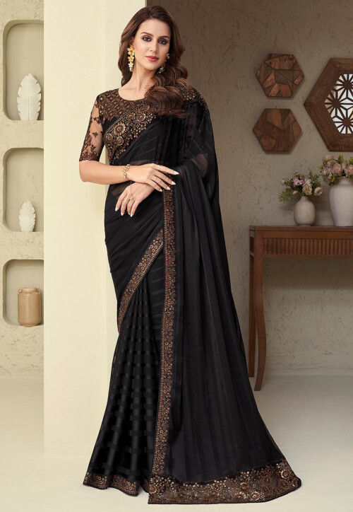 Embroidered Border Chiffon Brasso Saree in Black
