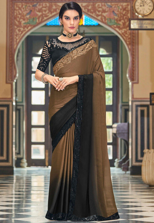 Embroidered Border Chiffon Saree in Brown and Black